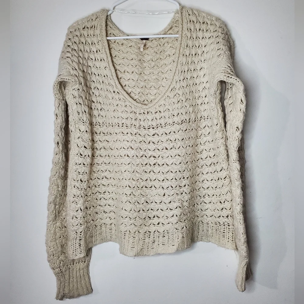 Free People Crashing Waves Open Chunky Knit Scoop Neck Wool Blend Sweater XS